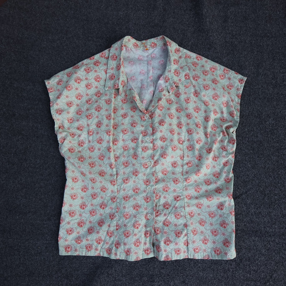 VTG Handmade Floral button up Cap Sleeve Boxy Shirt Mint Green Pink Cottagecore - Picture 1 of 15